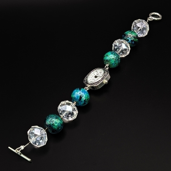 Watch Bracelet with Faceted Glass Crystals and Large Blue Beads - Picture 3 of 8